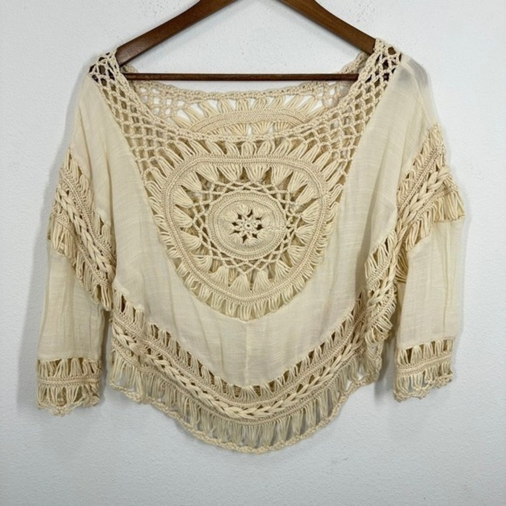 Bohemian Crochet Lace Top Cream Bell Sleeve Fringe Boho Festival